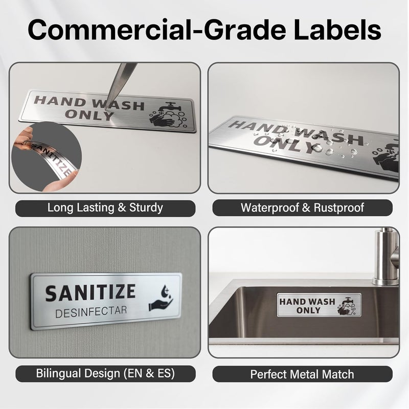 EliteSign 5PK Wash Rinse Sanitize Sink Labels, Hand Wash Only & Employees Must Wash Hands Signs, Bilingual Brushed Aluminum, Waterproof Peel and Stick for Commercial Kitchens Food Trucks, 7x2 Popular Styles - Image 5